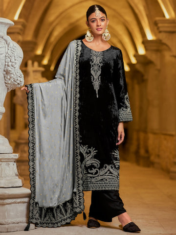Stylist Black Gown With Embroidery Mirror Neck And Dupatta